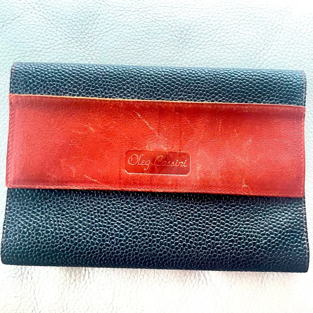 Oleg Cassini Black Cognac Pebbled Leather Trifold Wallet Women Men Fiocchi Italy